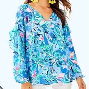 Lilly Pulitzer Top XXS Bennet Blue Celestial Seas Beach Prep Colorful Elora